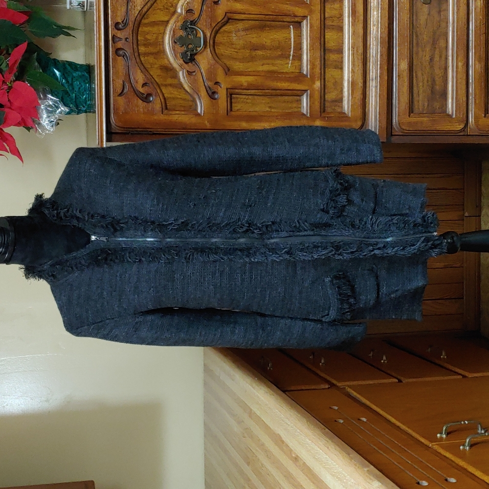 Tahari Fringe Zip Up Sweater S